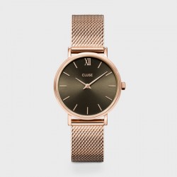 Montre Minuit Mesh Grey, couleur or rose, cadran rond gris signée CLUSE