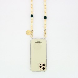Chaîne Bijoux smartphone CHLOE - Perles en bois beige vert & Mousquetons dorés LA COQUE FRANCAISE