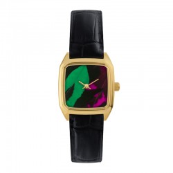 Montre PRIMA PANACHE FUCHSIA cadran carré doré & bracelet cuir croco signée LAPS