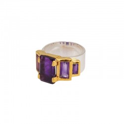 Bague large ART DECO doré - Anneau en argent & Baguettes Améthystes