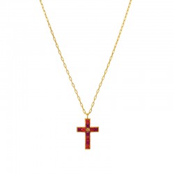 Collier chaîne CROIX TIPA Or - Fins Cristaux Orange & Rubis - Une à Une