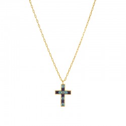 Collier chaîne CROIX TIPA Or - Fins Cristaux bleus & Topazes - Une à Une