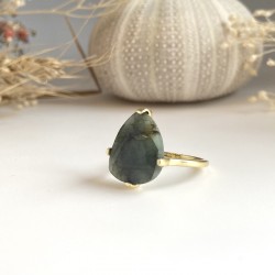 Bague PRECIEUSE - Anneau fin doré & Goutte Emeraude TAILLE 50