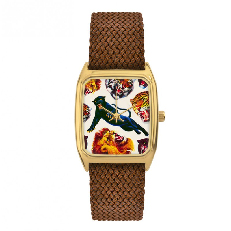 Montre SIGNATURE ROAR cadran rectangle doré & bracelet perlon tabac LAPS Montre SIGNATURE ROAR cadran rectangle doré & bracelet perlon tabac LAPS