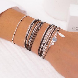 Bracelet multitours FORMOSA argent - Cordons noirs & Hématites grises
