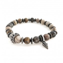 Bracelet homme élastiqué argent SONORA motif NYC & Jaspes gris beige BOOTLEGGERS