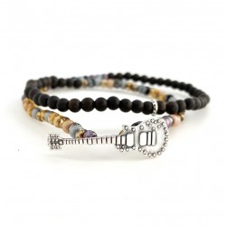Bracelet homme élastiqué multi tours SALINAS motif GUITARE beige noir - BOOTLEGGERS WILD TURQUOISE