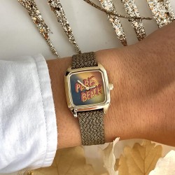 Montre PRIMA PARIS BEACH cadran carré & bracelet tressé doré