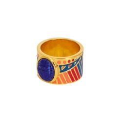 Bague Large TANZA doré - Pavage barrettes émail rouge bleu & Lapis Lazuli - Une à Une