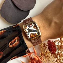 Montre SIGNATURE ROAR cadran rectangle doré & bracelet perlon tabac