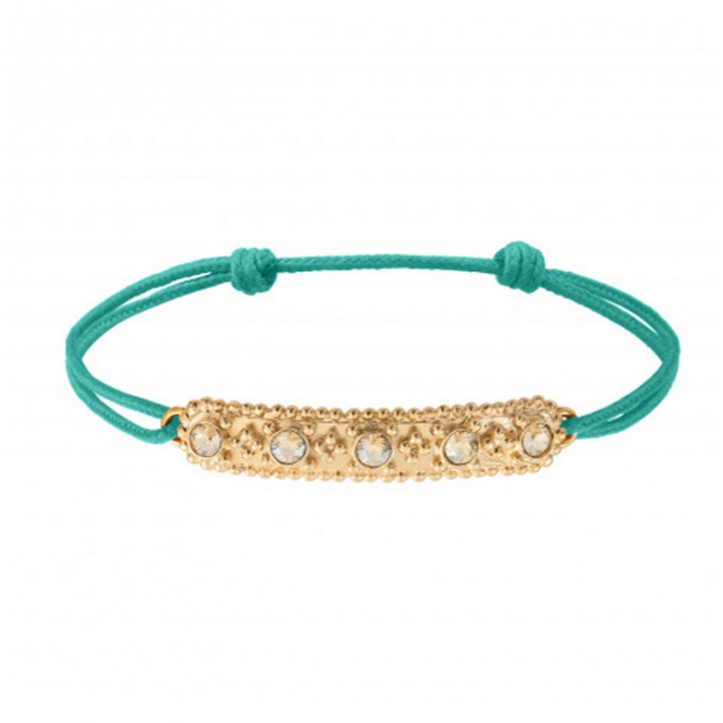 Bracelet cordon vert ajustable FARAH - Plaque & Cristaux dorés SATELLITE