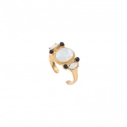 Bague large ajustable FUJITA Blanc dorée - Nacre blanche & Onyx noir  - SATELLITE