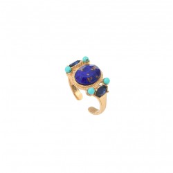 Bague ajustable FUJITA doré - Cabochon & Cristaux bleu & Turquoises SATELLITE