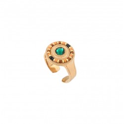 Bague large ajustable FUJITA dorée - Cristal vert & Perles du Japon - SATELLITE