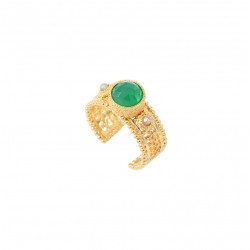 Bague large ajustable SILMA dorée - Cabochon Agate vert mousse & Perles - SATELLITE