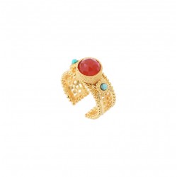 Bague large ajustable SILMA dorée - Cabochon Cornaline & Crysocolle - SATELLITE