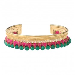 Bracelet Jonc large ouvert SILMA doré - Fil de soie fuchsia & Agate verte - SATELLITE