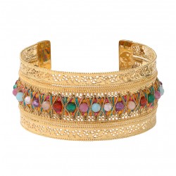 Bracelet Jonc Manchette ouvert SILMA doré - Fil de soie & Pierres multicolores - SATELLITE