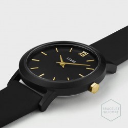 Montre Minuit Nylon Noir, couleur or, cadran noir & bracelet silicone