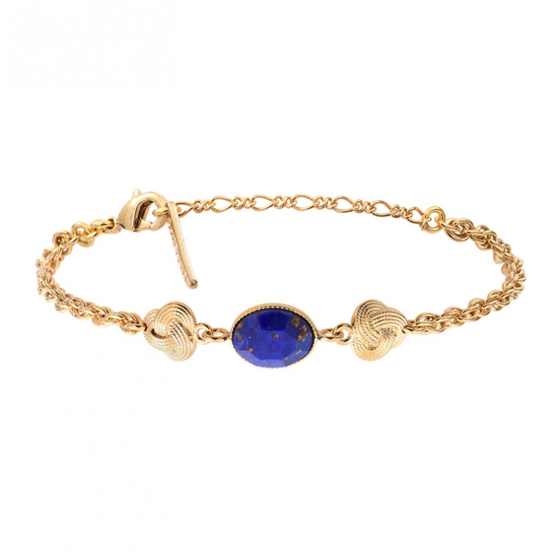 Bracelet chaîne ASUKA doré - Nœuds pointillés  & Cabochon bleu - SATELLITE