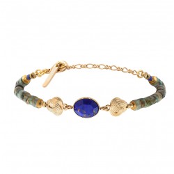 Bracelet chaîne ASUKA doré - Cabochon  bleu pailleté & Turquoises - SATELLITE