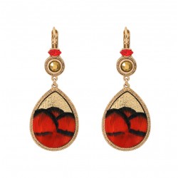 Boucles d'oreilles dormeuses FUJITA Or Pendentif Plume rouge & Cristal  - SATELLITE