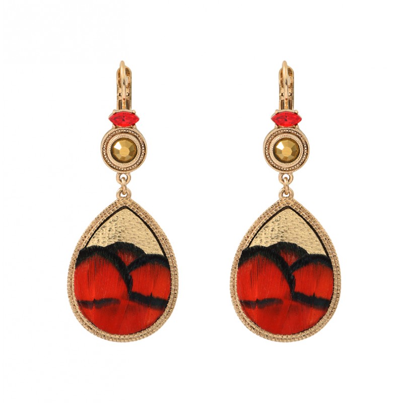 Boucles d'oreilles dormeuses FUJITA Or Pendentif Plume rouge & Cristal - SATELLITE Boucles d'oreilles dormeuses FUJITA Or Pendentif Plume rouge & Cristal - SATELLITE