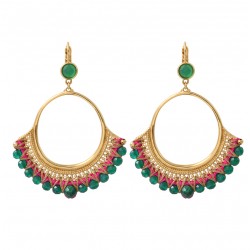 Boucles d'oreilles pendantes SILMA Or - Fil de soie fuchsia & Agate verte - SATELLITE