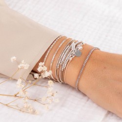 Bracelet fin élastiqué Argent & Perles de verre marron beige irisées TAILLE M