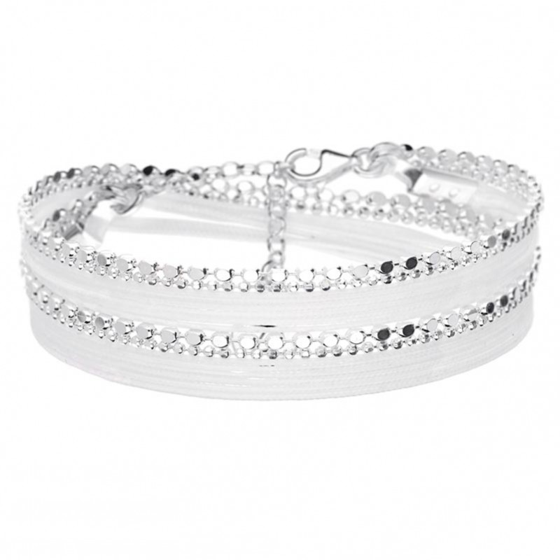 Bracelet OSLO argent : cordons blancs, chaînes diamantées signé DORIANE Bijoux