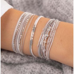 Bracelet multitours OSLO argent - Cordons blancs & Chaînes diamantées