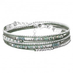 Bracelet multitours FORMOSA en argent - Cordons & Perles vert kaki- DORIANE Bijoux