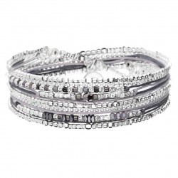 Bracelet multi tours élastique SAINT -TROPEZ argent, cordons, perles gris foncé - DORIANE Bijoux