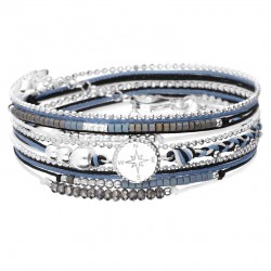 Bracelet multi tours cordons ROSE DES VENTS argent & Perles bleues - DORIANE Bijoux