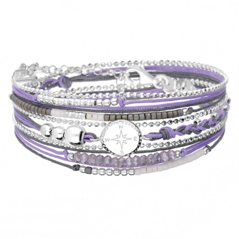 Bracelet multitours ROSE DES VENTS - Cordons & Perles gris violet - DORIANE Bijoux