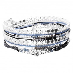 Bracelet MOOREA argent : chaîne rock, cordons blanc bleu, perles bleu noir - DORIANE BIJOUX