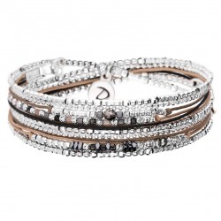 Bracelet multi tours élastique SAINT -TROPEZ argent, cordons, perles beige noir - DORIANE Bijoux