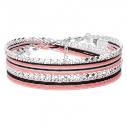 Bracelet multitours OSLO argent - Cordons corail noir rose & Chaînes diamantées - DORIANE Bijoux
