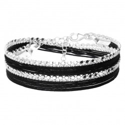 Bracelet multitours OSLO argent - Cordons noir & Chaînes diamantées 6 DORIANE Bijoux