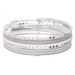 Bracelet multitours OSLO argent - Cordons gris clair blanc & Chaînes diamantées - DORIANE Bijoux