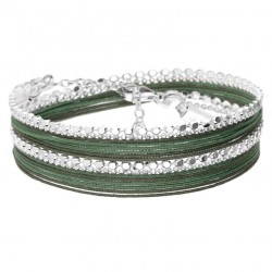 Bracelet multitours OSLO argent - Cordons vert kaki & Chaînes diamantées - DORIANE Bijoux