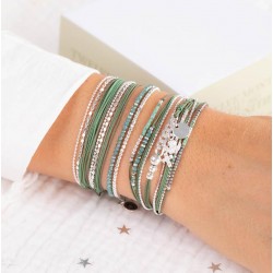 Bracelet 2 tours OSLO argent - Cordons vert kaki & Chaînes diamantées