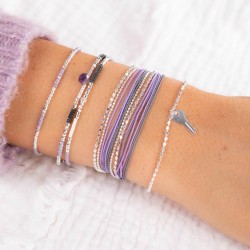 Bracelet 2 tours OSLO argent, Cordons violet gris & Chaînes diamantées