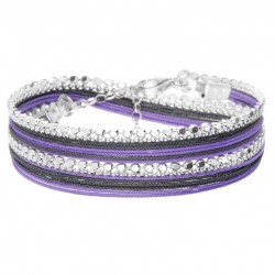 Bracelet multitours OSLO argent - Cordons violet gris foncé & Chaînes diamantées - DORIANE Bijoux