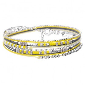 Bracelet multitours FORMOSA en argent - Cordons & Perles jaune gris anthracite - DORIANE Bijoux