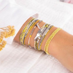 Bracelet multitours FORMOSA en argent - Cordons & Perles jaune gris