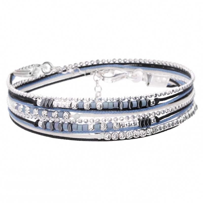 Bracelet multitours FORMOSA argent - Cordons bleu noir & Hématites - DORIANE Bijoux