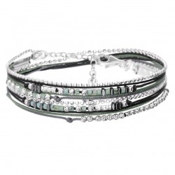 Bracelet multitours FORMOSA en argent - Cordons vert gris noir & Hématites - DORIANE Bijoux