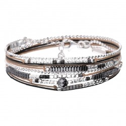 Bracelet multitours ATLANTA argent - Cordons beige noir & Hématites - DORIANE Bijoux