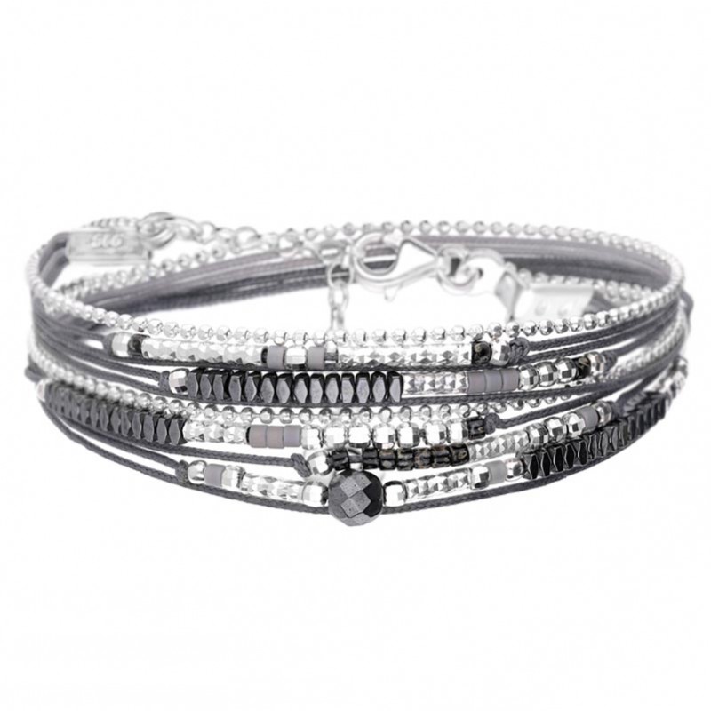 Bracelet multitours ATLANTA argent - Cordons gris noir & Hématites - DORIANE Bijoux